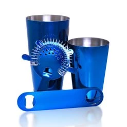 Outlet 🥰 Bars Bar Set With 18oz Shaker Tin And Speed Opener - 4 Piece 🍬 Candy 🧥 Coated Blue ⭐