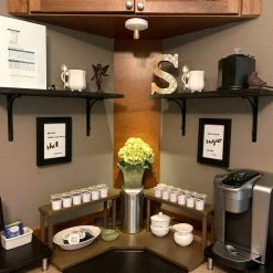 Budget 😀 Bars Counter Caddies™ - Stained Finish - CORNER Shelf W/ K-CUP Holes & Trash Can Inset 😍 -Bars Shop CounterCaddy CounterShelf CoffeeStation 1600 800x