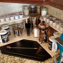 Coupon ⭐ Bars Counter Caddies™ - NATURAL - CORNER Shelf W/ K-CUP Holes & Trash Can Inset 😍 -Bars Shop coffee corner natural web2 800x