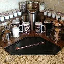 Budget 😀 Bars Counter Caddies™ - Stained Finish - CORNER Shelf W/ K-CUP Holes & Trash Can Inset 😍 -Bars Shop coffee stained corner web3 800x