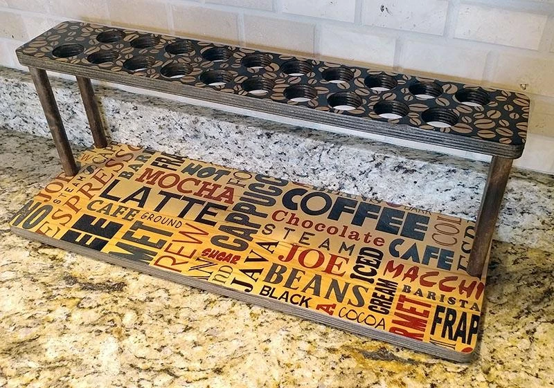 Cheap ⌛ Bars Counter Caddies™ - BARISTA Theme - 24" STRAIGHT Shelf W/ K-Cup Holes ✔️ 3 Cheap ⌛ Bars Counter Caddies™ - BARISTA Theme - 24" STRAIGHT Shelf W/ K-Cup Holes ✔️