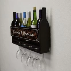 Hot Sale 🤩 Bars Wall Mounted Wine Bottle & Glass Hanging Shelf W/ Uncork & Unwind Plaque 👍 -Bars Shop customizable wall wine glass hanging shelf bottles glasses side corks 800x