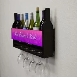 Flash Sale 🔔 Bars CUSTOMIZABLE Wall Mounted Wine Bottle & Glass Hanging Shelf W/ Fun Pink Plaque 🧨 -Bars Shop customizable wall wine glass hanging shelf bottles glasses side miss 800x