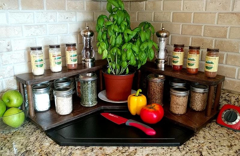 Outlet 🔔 Bars Counter Caddies™ - STAINED Finish - CORNER Shelf - Culinary 🎉 4 Outlet 🔔 Bars Counter Caddies™ - STAINED Finish - CORNER Shelf - Culinary 🎉 - Image 2